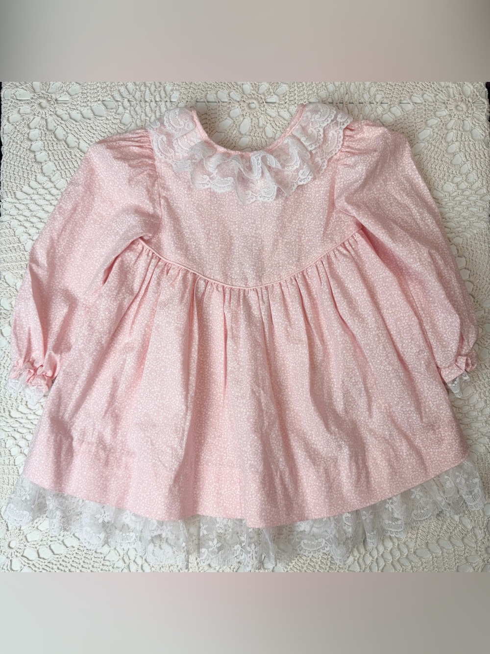 Vintage 1980s Peaches 'N Cream Girls 4t Pink Floral Long Sleeve Frilly Dress